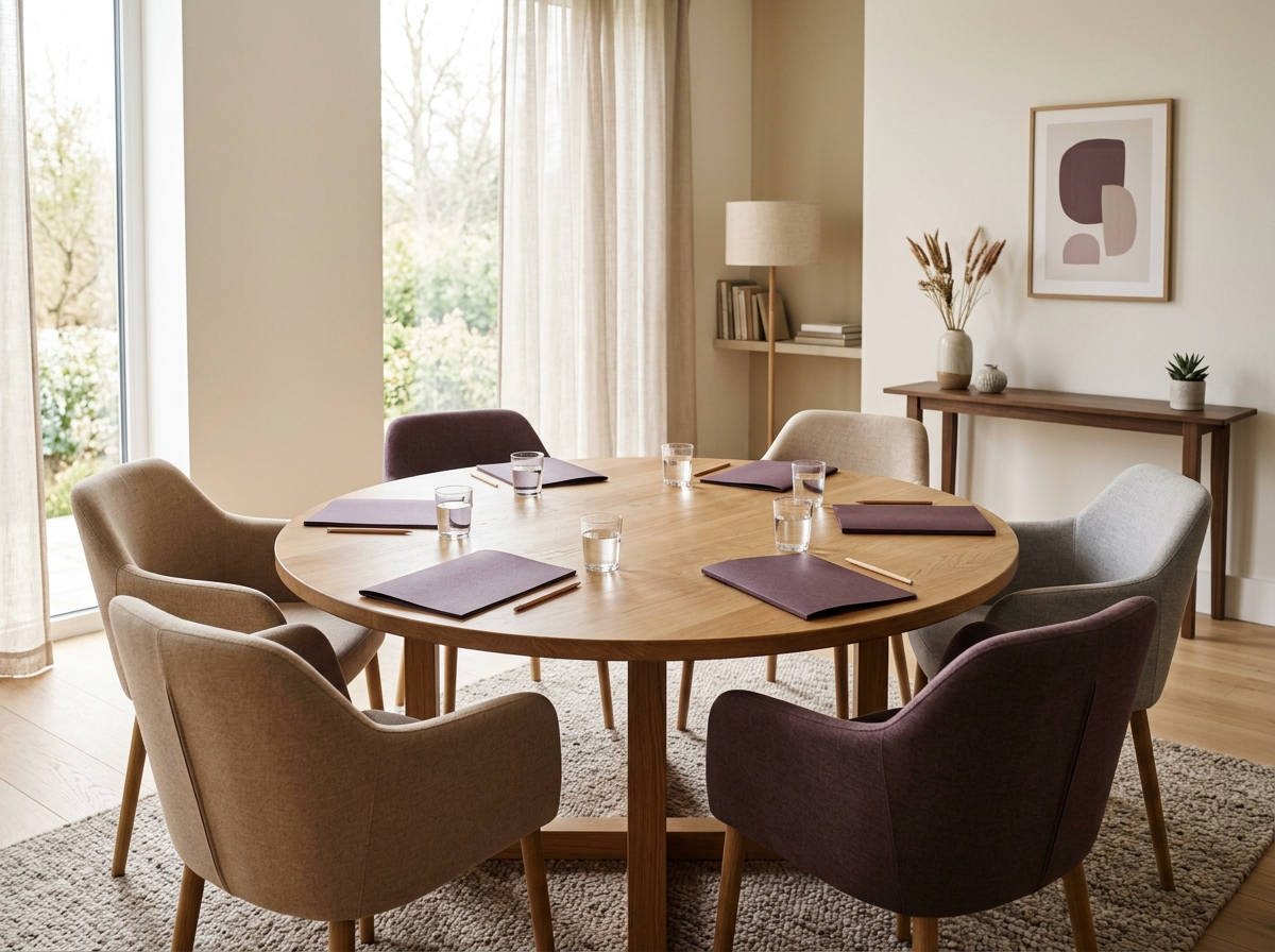 Mediation session at a round table in a calm, neutral meeting room