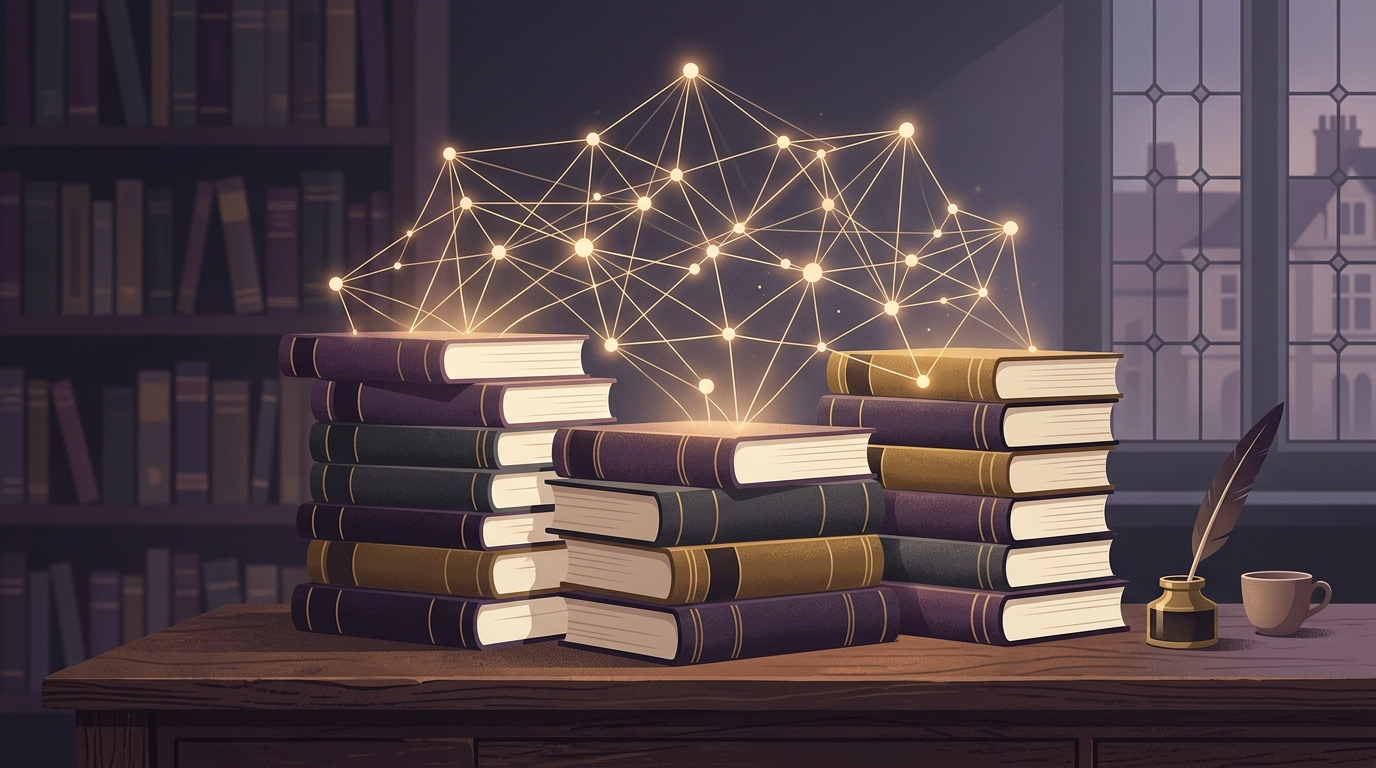 Abstract illustration of a glowing digital network overlaying stacks of law books