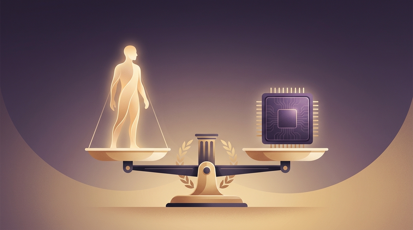 Illustration of balanced scales where one side holds a human silhouette and the other a circuit chip