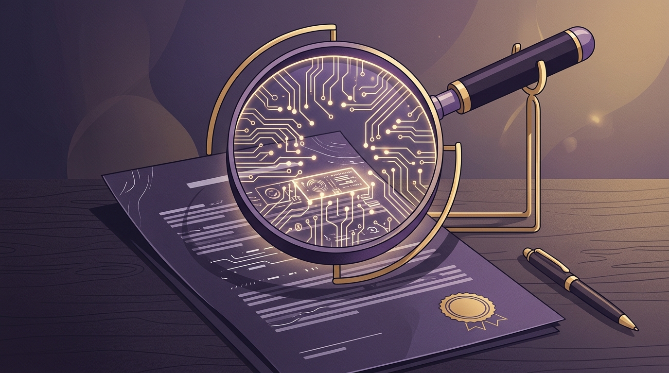 Illustration of a contract document being examined through a magnifying lens made of circuitry