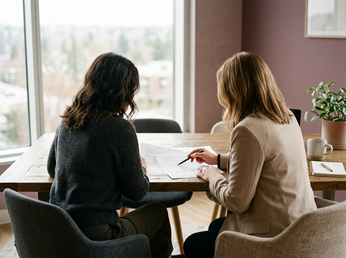Two professionals reviewing documents together at a bright office table