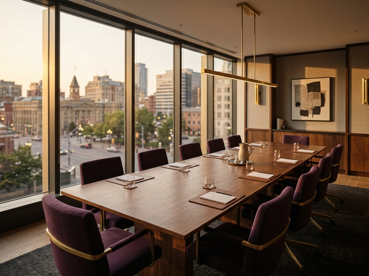 Sunlit modern law office meeting room with a long wooden table and tall windows overlooking an Ontario city street