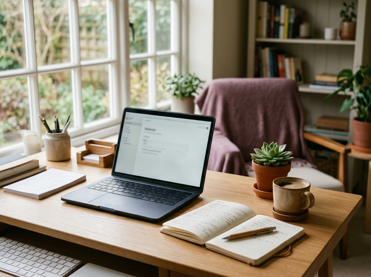 Entrepreneur's bright workspace with a laptop, notebook, and morning coffee near a window